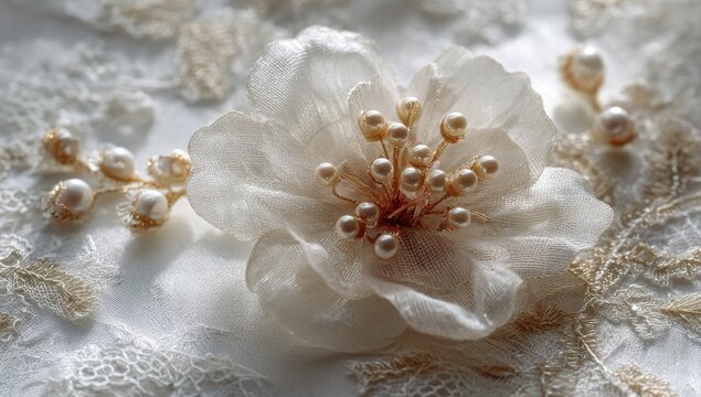 Close-up of a delicate floral accessory embellished with pearls on lace