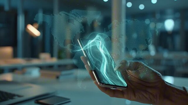 Ultra modern fintech scene, person holding smartphone activating invisible contactless digital payment system, holographic blockchain grid air, glowing transaction ripple waves expanding outward