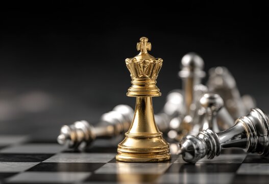 Close-up of a golden king chess piece standing tall amidst defeated silver pieces