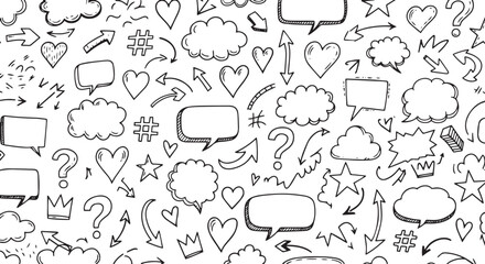 Handdrawn doodle art pattern with speech bubbles and hearts.