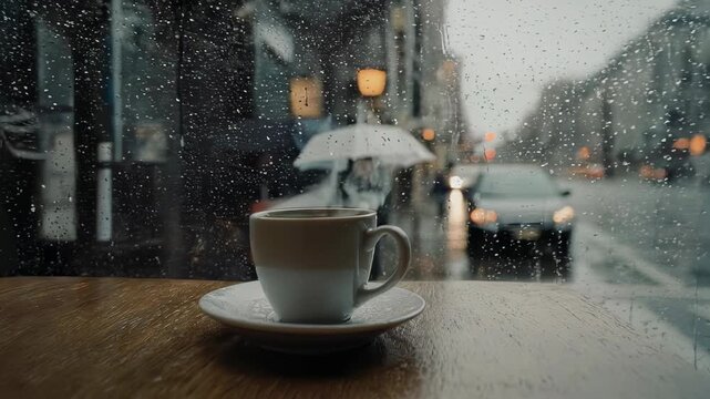 Warm cup of coffee on a wooden table viewed through a rain-streaked window