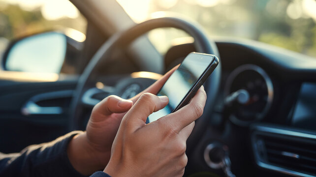 Driver using a smartphone while sitting in a car with steering wheel visible driving mobile