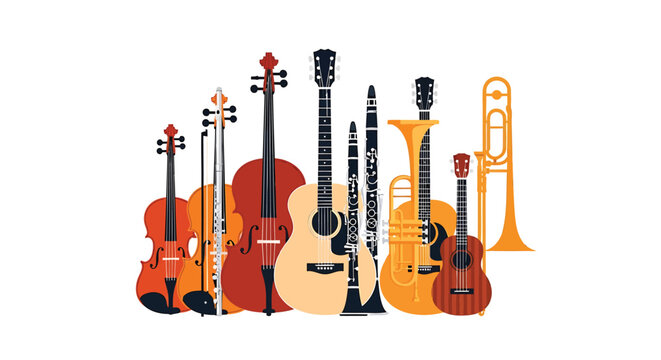Musical instruments vector icon collection. Includes violin, cello, double bass, guitar, saxophone, trumpet, and more. Created in colorful style with vibrant palette