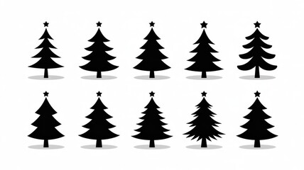 Obraz premium Collection of modern black Christmas tree silhouettes with star toppers
