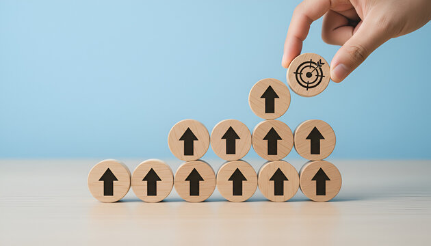 Target on top: building momentum with growth arrows toward strategic goals

