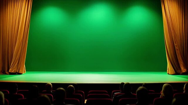 Gold curtain opener reveals a green screen stage in a dark theater audience perspective Great for announcements performance or transition