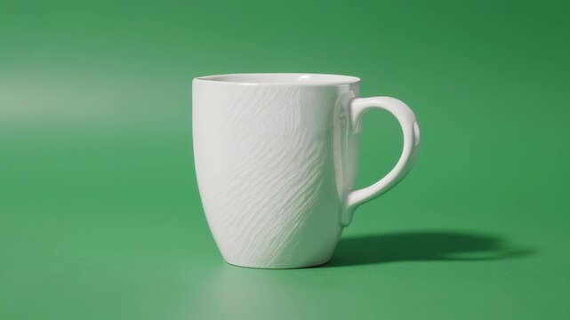 A white ceramic mug with a textured surface sits on a green surface