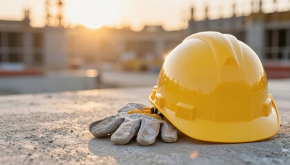 Construction safety gear yellow hard hat and gloves at building site during sunset industrial environment close-up view