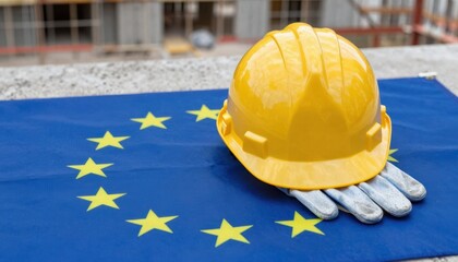 Construction safety measures european union compliance hard hat on flag industrial setting close-up view safety awareness