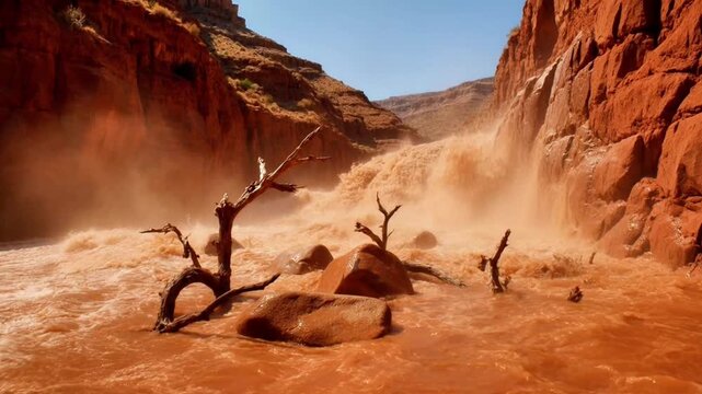Turbulent red muddy flood water rushes through a narrow desert canyon splashing over rocks