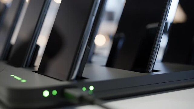 Multiple smartphones charging in a docking station with visible battery icons