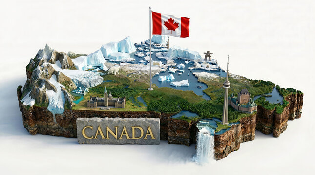 Canada Miniature Isometric diorama. Niagara Falls, communications tower, Parliament Hill, historic hotel castle, Rocky Mountains, icebergs polar bears, Inukshuk. National travel geography
