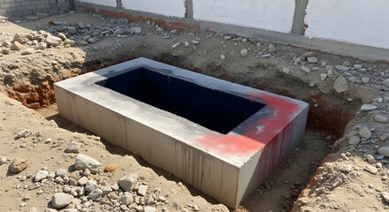 Excavated Pool Foundation with Concrete Base and Red- Painted Edges in Early