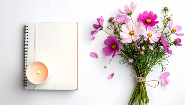 A serene scene of a notebook and candle beside a bouquet of flowers, captured from a top-down viewpoint in a peaceful setting