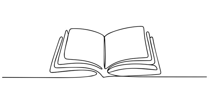 book continuous one line drawing, Continuous one line drawing of an open book, symbolizing knowledge, education, learning, and literary storytelling concept art Vector, illustration, One line drawing