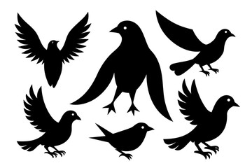 A set of black silhouette bird icons in various flying and standing positions on a white background