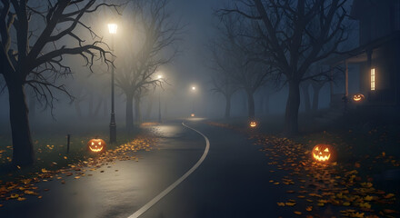 A foggy street adorned with jack-o'-lanterns on a dark autumn night