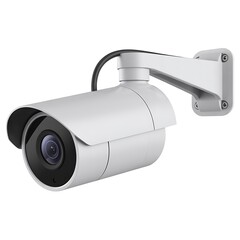 A white security camera mounted on a wall with a black cable extending from the back wall-mounted