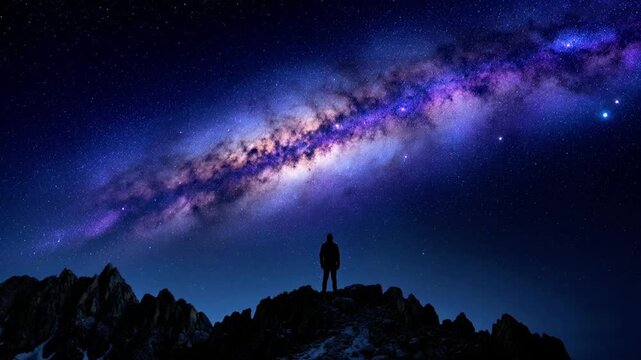 Lone person stand on the mountain against stars peak admiring the vast colorful Milky Way galaxy and starry night