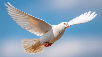 Obraz premium Graceful dove in flight against blue sky symbolizing peace and serenity