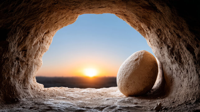 Sunrise over empty tomb cave: symbol of resurrection and new beginnings