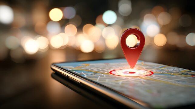 Smartphone with GPS navigation map and location pin on screen at night.