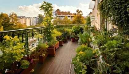 Fototapeta premium Lush Balcony Garden Oasis with City Views.