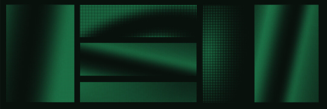Set of green bitmap pixel background with gradient pattern and 8bit art. Glitch video game design collection