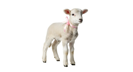 Obraz premium A white lamb with a pink bow on its neck standing on a transparent background