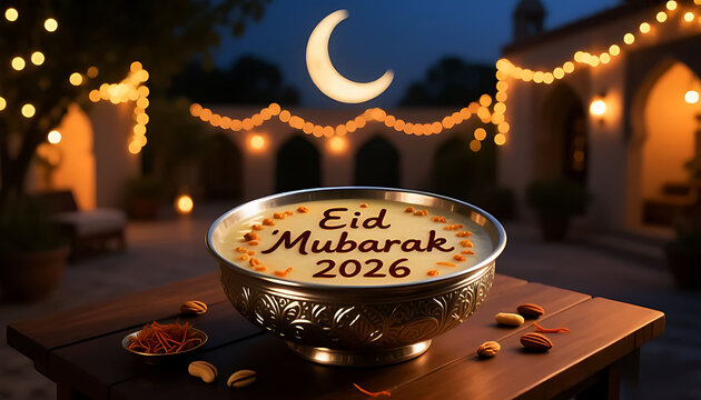 Eid Mubarak 2026 Written on Semai Kheer &ndash; Hyper Realistic DSLR Evening Eid Scene