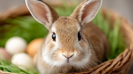 Obraz premium Cute bunny in rustic basket surrounded by colorful eggs - easter greeting card design
