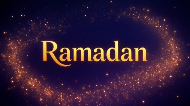 Golden Ramadan title card with flowing magical particle sparks on a dark blue background