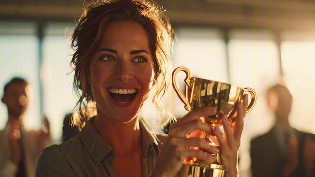 Cinematic 4K, warm natural light, woman holding trophy smiling joyfully, diverse corporate team applauding behind sunlight streaming large office windows, lens flare, subtle bokeh, warm tones, emotion