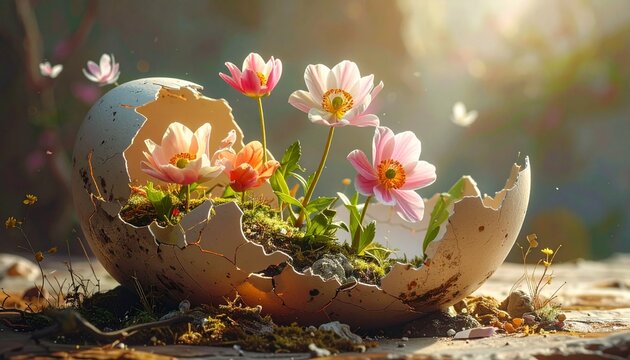 Broken eggshell with blooming pink flowers in golden sunlight nature still life