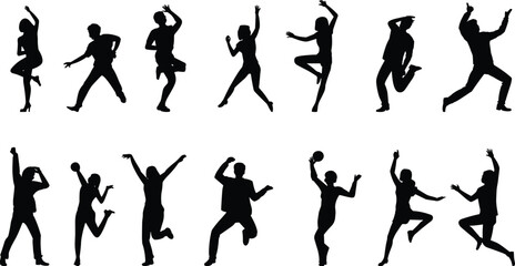 Dancing people silhouette set with men and women jumping and celebrating isolated on white background vector illustration