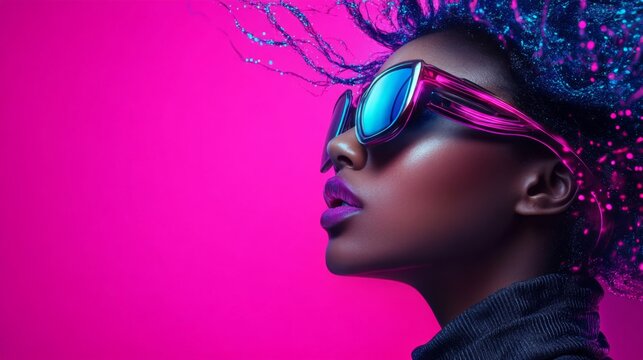Futuristic portrait of neon magenta runner with blue holographic elements