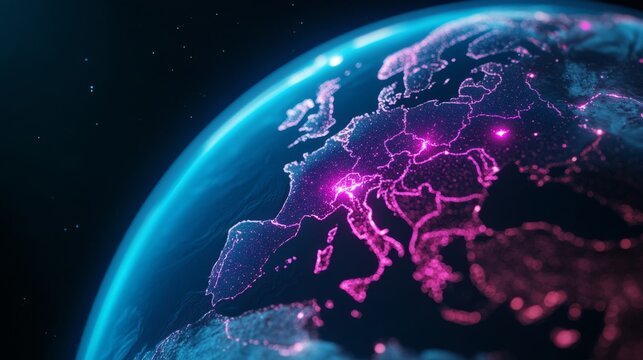 Luminous turquoise earth from space with neon pink glow showcasing global connectivity