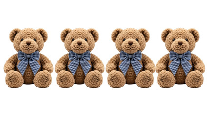 Obraz premium Four teddy bears holding small clocks in a row against a white background