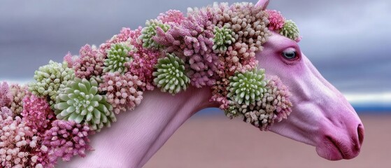 Surreal Pink Horse With Floral Succulent Mane, Vibrant Pastel Fantasy Portrait