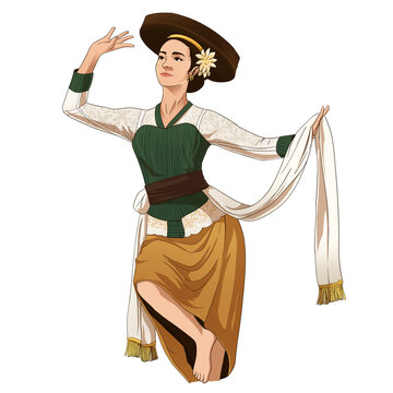 Javanese traditional female dancer in green kebaya and brown batik skirt isolated on white background