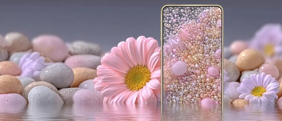 Smartphone With Pastel Pebbles and Pink Daisy Reflection Featuring Soft Bokeh Floral Background