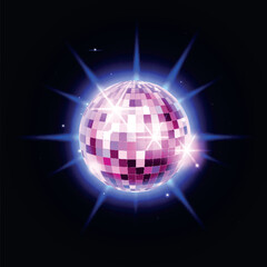 Bright Glowing Disco Ball Isolated On Black Background. Vector Disco party shining mirror spot light . Nightclub glittering retro glass element