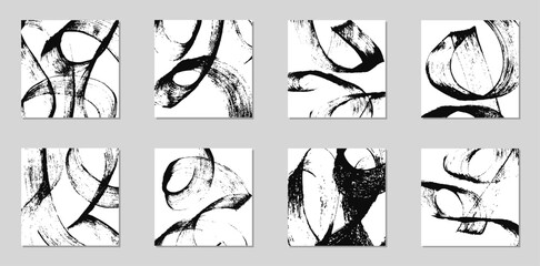 Set of vector square abstract backgrounds. Black ink marks, brush strokes, patterns.