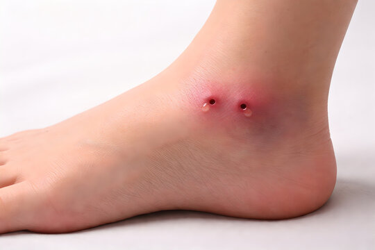 Photorealistic 3D medical-grade macro close-up of a venomous snakebite puncture marks: two small fang punctures a short distance apart with mild surrounding redness and localized swelling