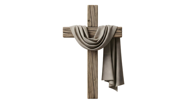 A wooden cross with a cloth draped over it on transparent background