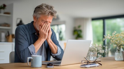 Fototapeta premium Stressed senior man covering face while working on laptop at home. Frustrated male feeling tired and overwhelmed. Burnout concept
