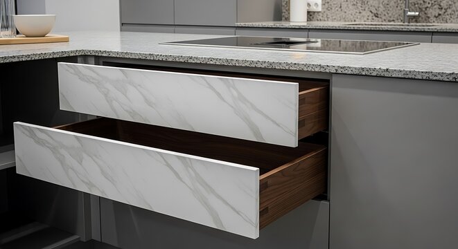 Open kitchen drawers reveal interior with marble front finish against countertop