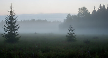 Obraz premium A serene misty forest landscape with tall trees and a foggy horizon