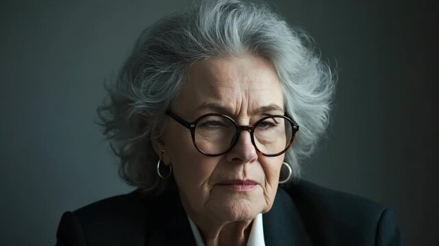 Gray haired old serious business woman wearing glasses, thinking fashion editorial photography, high-fashion imagery, avant-garde aesthetics, editorial storytelling, conveying fashion trends.