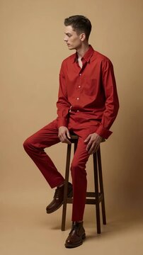 Full length portrait of nice young man sit stool wear red shirt isolated on beige color background fashion editorial photography, high-fashion imagery, avant-garde aesthetics, editorial stor.